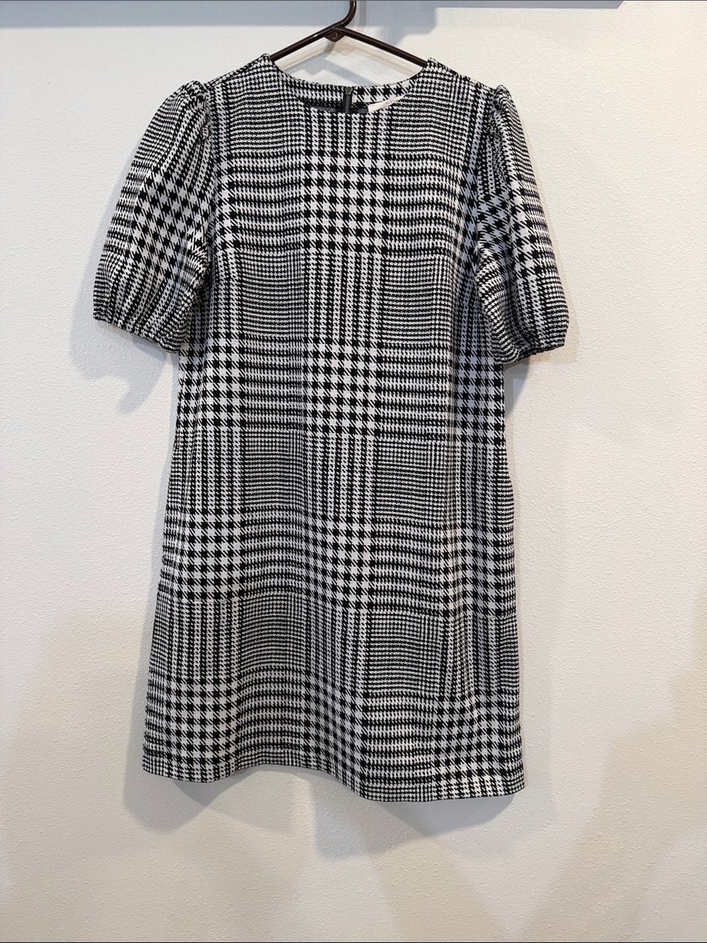 Loft Black and White Plaid Houndstooth Puff Sleeve Shift Dress (Size: L)